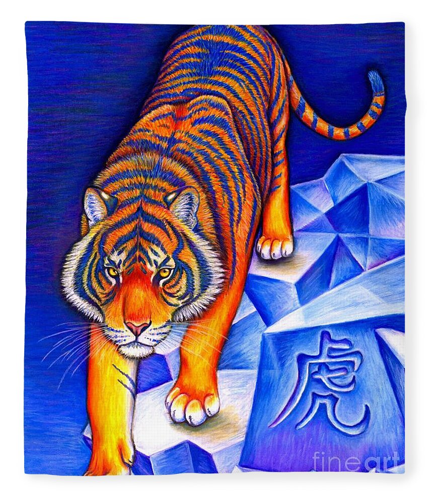 Tiger Fleece Blanket featuring the drawing Chinese Zodiac - Year of the Tiger by Rebecca Wang