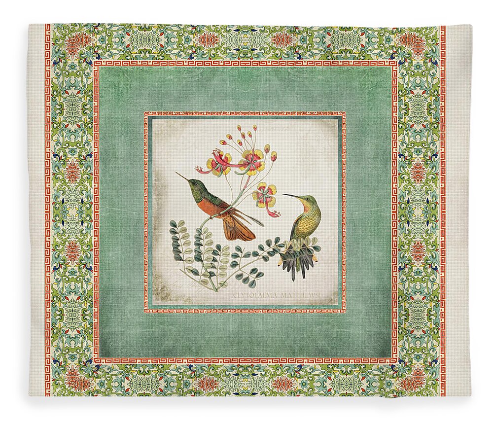 Chinese Ornamental Paper Fleece Blanket featuring the digital art Chinoiserie Vintage Hummingbirds n Flowers 1 by Audrey Jeanne Roberts