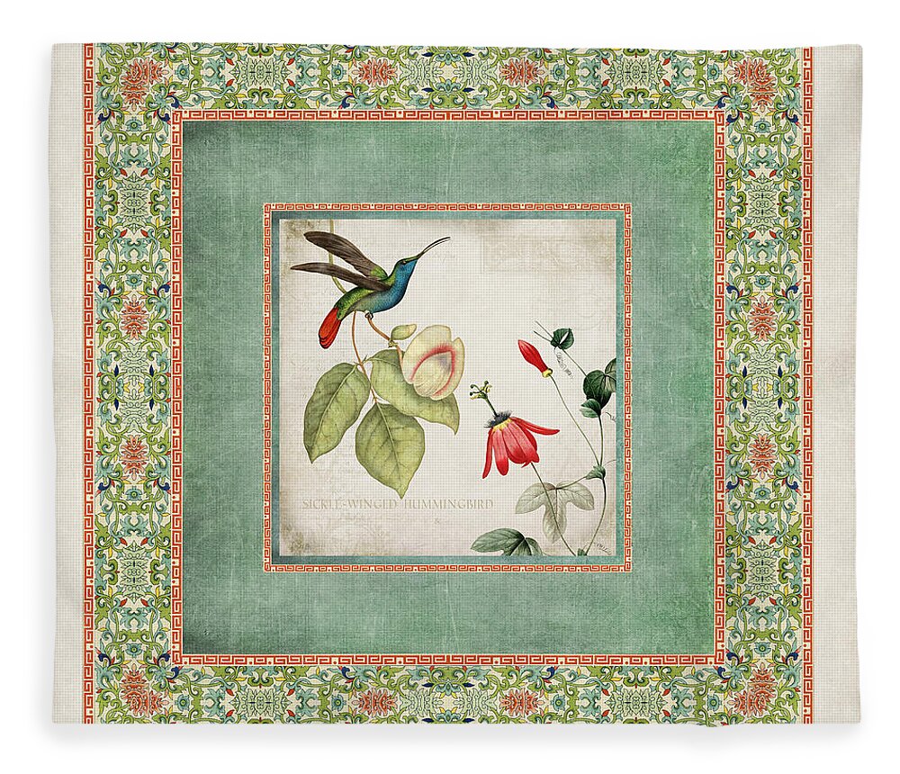 Chinese Ornamental Paper Fleece Blanket featuring the digital art Chinoiserie Vintage Hummingbirds n Flowers 2 by Audrey Jeanne Roberts