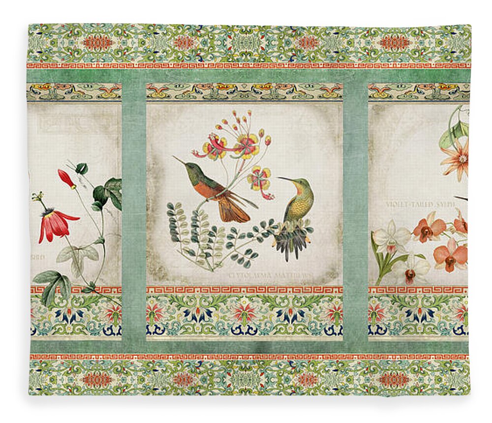 Chinese Ornamental Paper Fleece Blanket featuring the digital art Triptych - Chinoiserie Vintage Hummingbirds n Flowers by Audrey Jeanne Roberts
