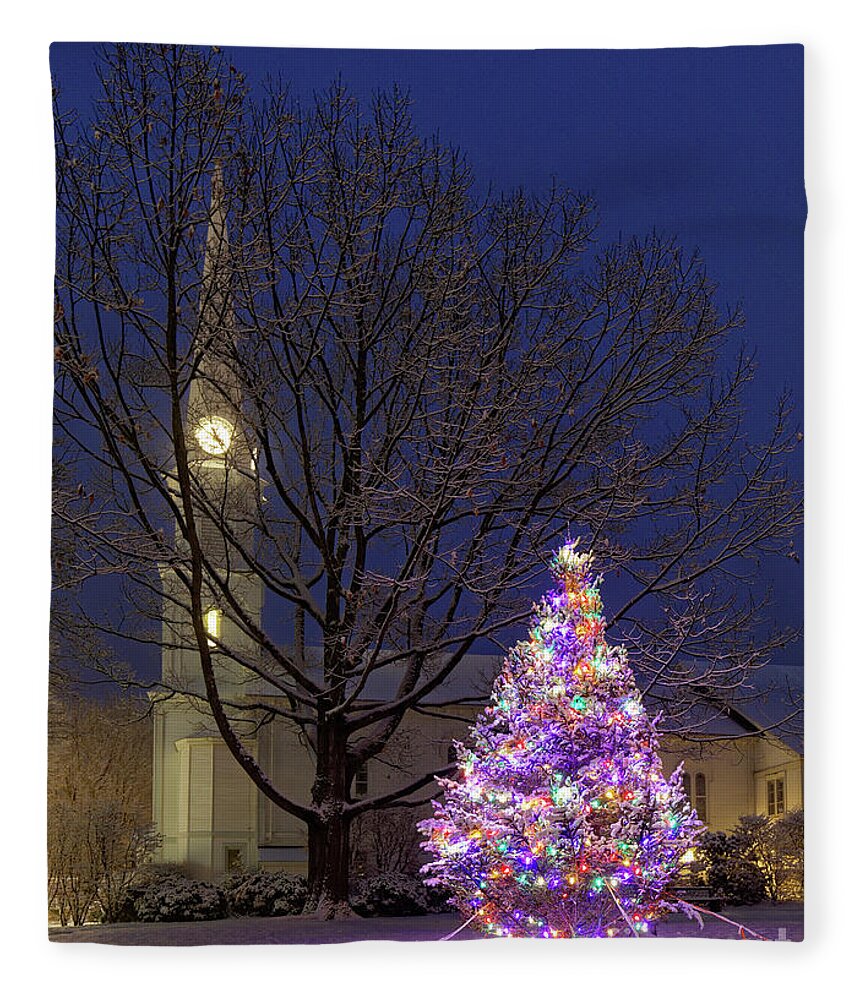 Church Fleece Blanket featuring the photograph Christmas tree and church, Maine by Kevin Shields