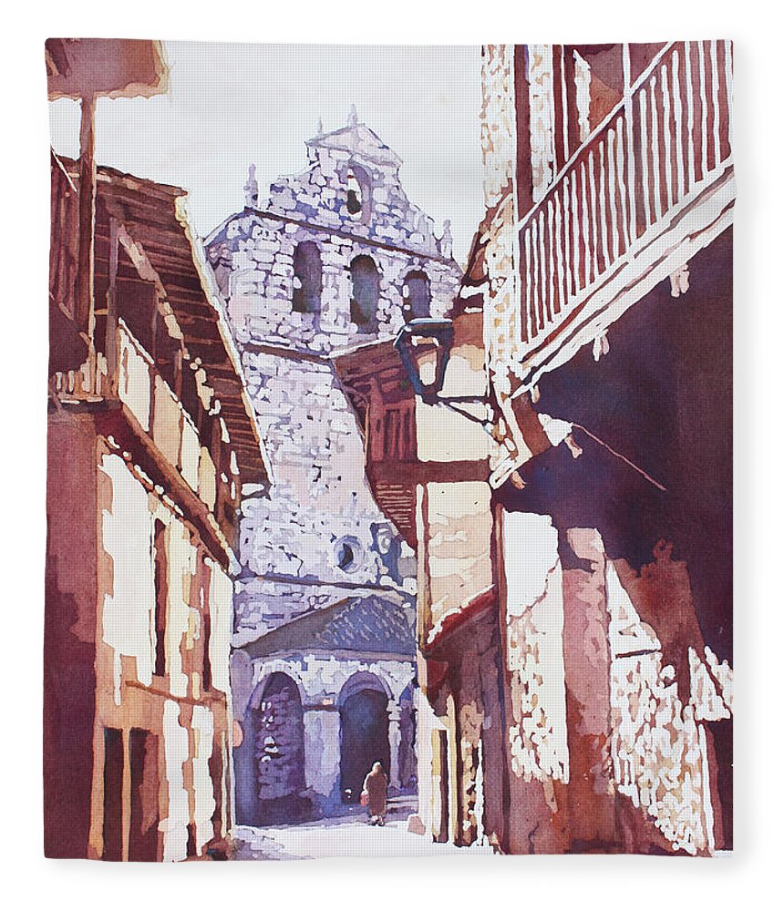 San Martín De Trevejo Fleece Blanket featuring the painting Church in Saint Martin by Jenny Armitage