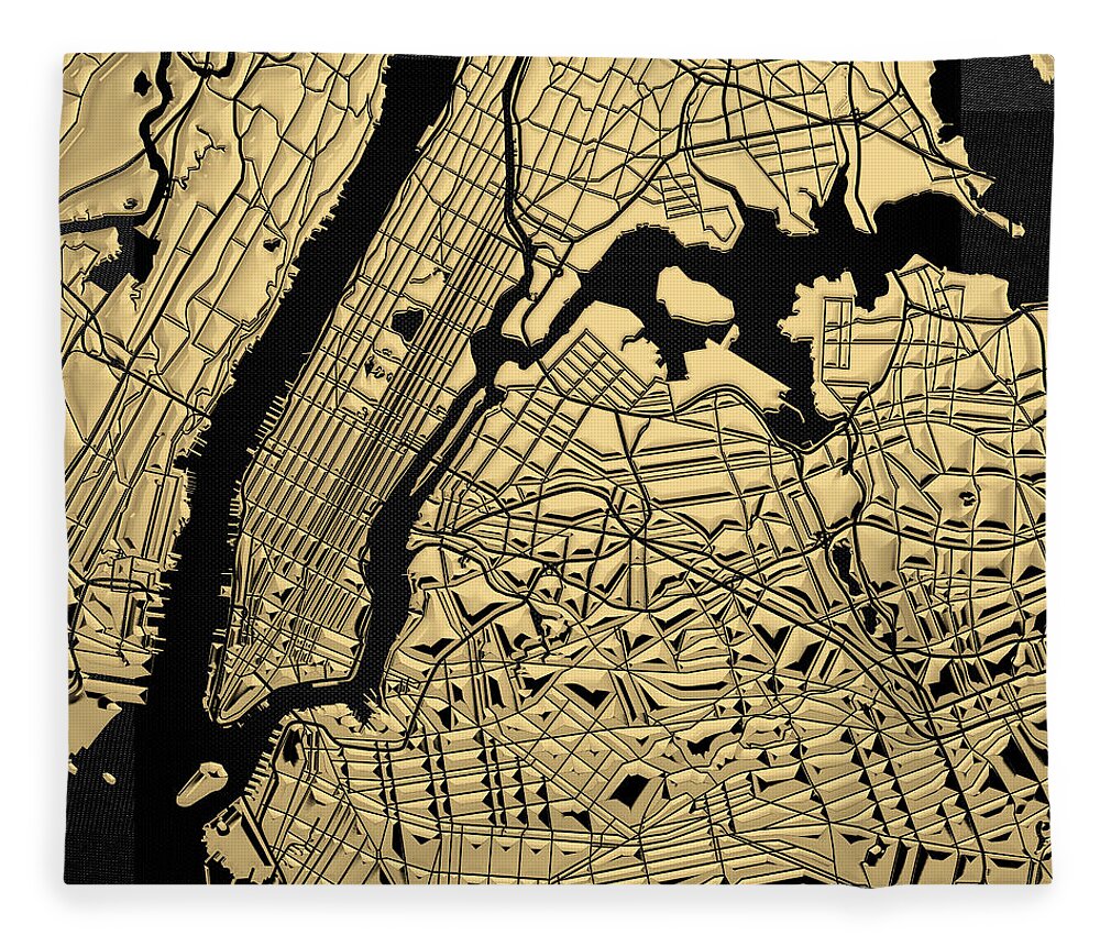 'nyc ' Collection By Serge Averbukh Fleece Blanket featuring the digital art Cities of Gold - Golden City Map New York on Black by Serge Averbukh