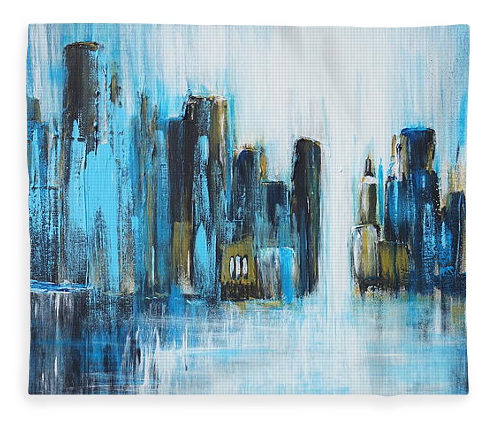 Acrylic Fleece Blanket featuring the painting City Blues by Theresa Marie Johnson