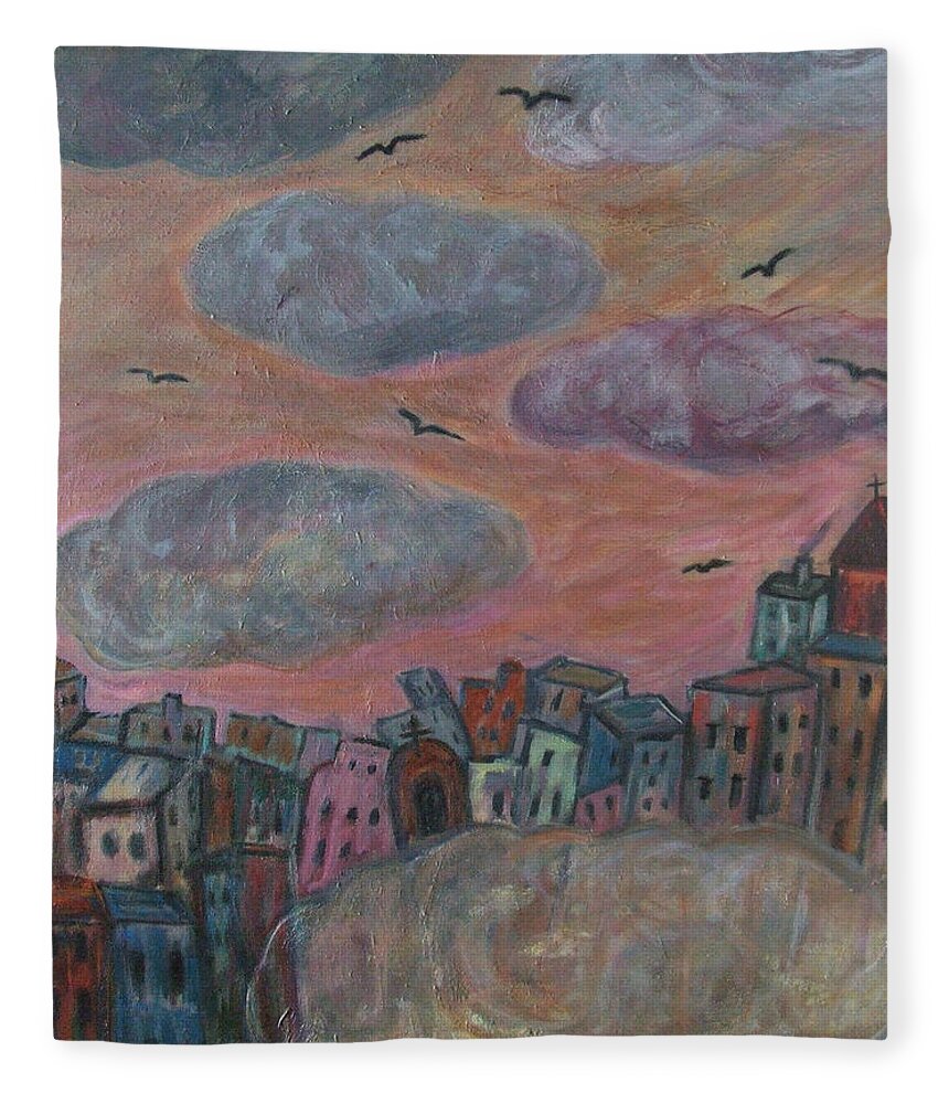 Katt Yanda Original Art Landscape Oil Painting Clouds City Cityscape Fleece Blanket featuring the painting City of Clouds by Katt Yanda