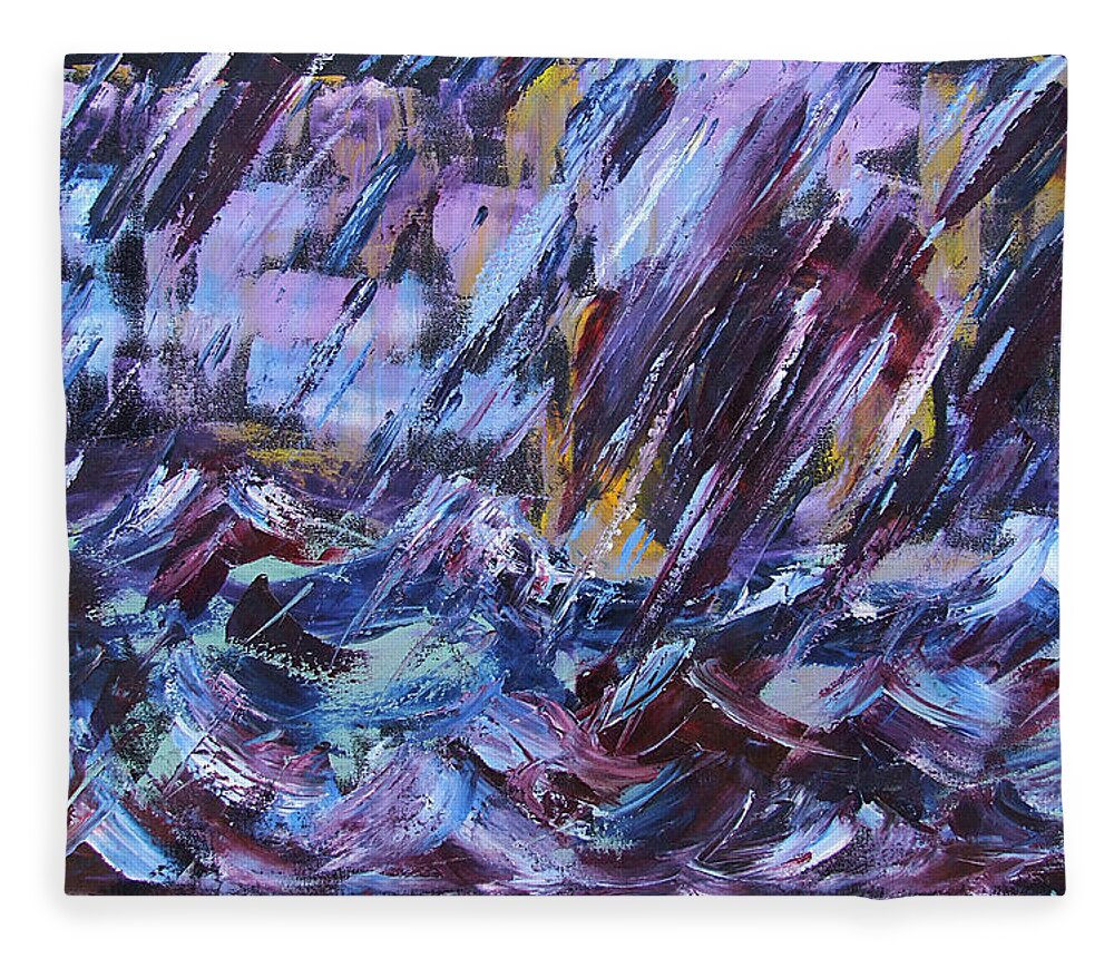 Katt Yanda Original Art Landscape Oil Painting City Waterfront Rain Storm Fleece Blanket featuring the painting City Storm Abstract by Katt Yanda