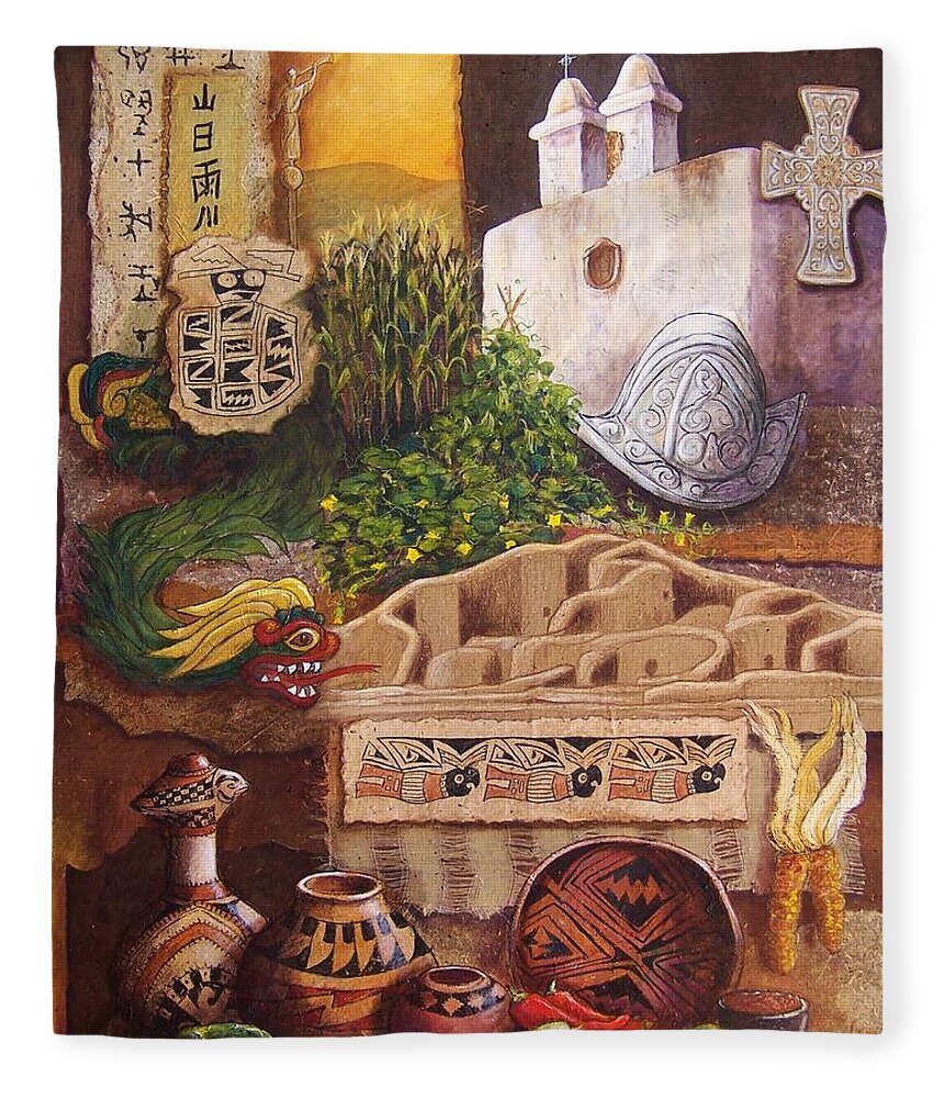 Collage Fleece Blanket featuring the mixed media Civilizations of Paquime by Candy Mayer