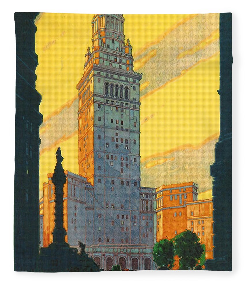 Cleveland Fleece Blanket featuring the digital art Cleveland - Vintage Travel by Georgia Clare