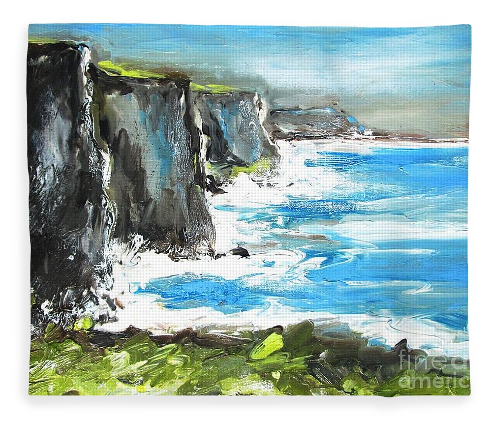 Cliffs Fleece Blanket featuring the painting Painting of Cliffs of moher county clare ireland by Mary Cahalan Lee - aka PIXI