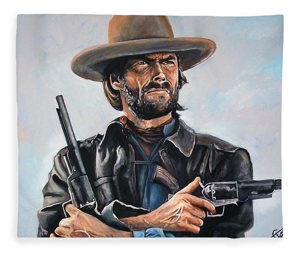 Clint Eastwood Fleece Blanket featuring the painting Clint Eastwood by Tom Carlton