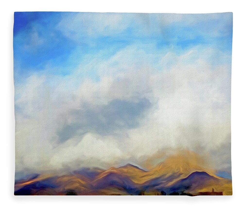 Fountain Hills Fleece Blanket featuring the mixed media Clouds Over the Desert 5 by Lynda Lehmann