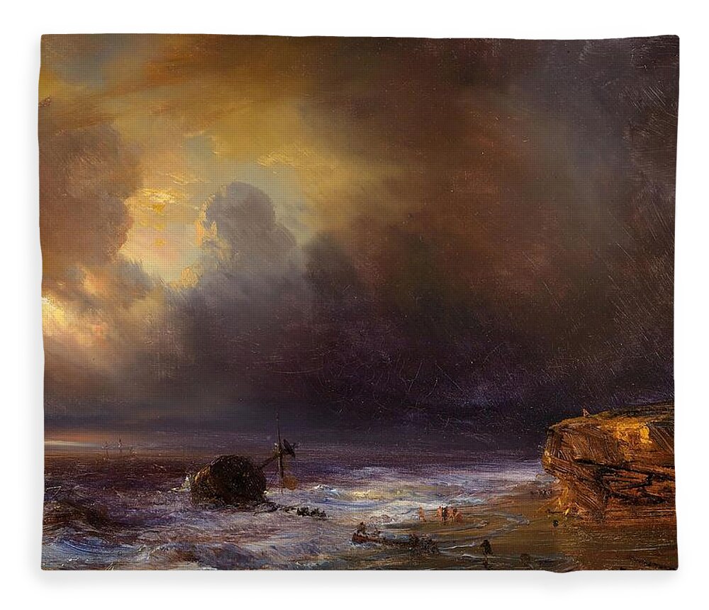 Cloudy Fleece Blanket featuring the painting Cloudy Sky above a Beach by Jean Antoine Theordore Gudin