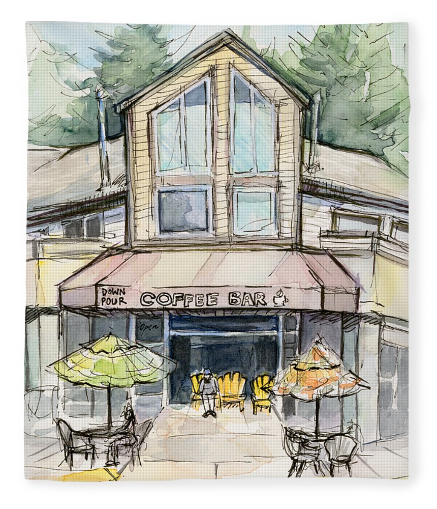 Coffee Shop Watercolor Sketch Beach Towel by Olga Shvartsur - Pixels