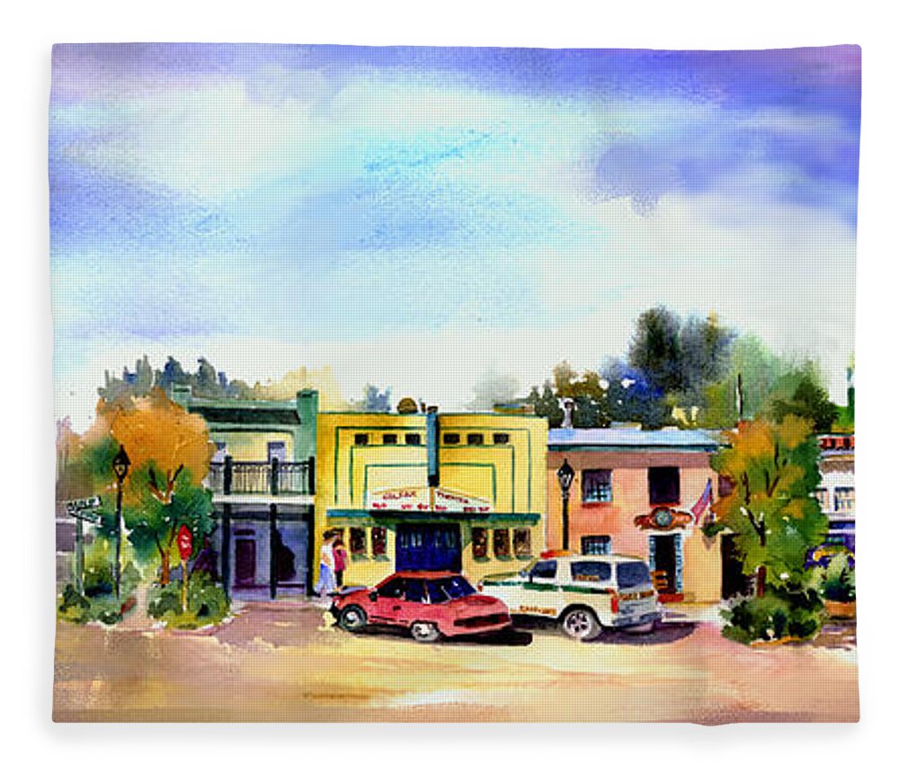 Colfax Fleece Blanket featuring the painting Colfax Main and Church Street by Joan Chlarson