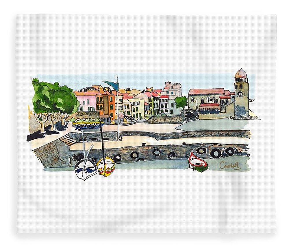 French Coastal Scenery Fleece Blanket featuring the painting Collioure,  Cote de Vermeille by Joan Cordell