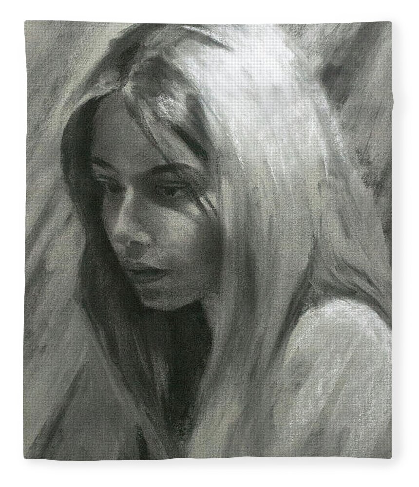 Woman Fleece Blanket featuring the drawing Portrait of Woman in Charcoal by Jordan Henderson