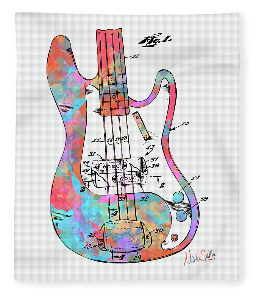 Fender Guitar Fleece Blanket featuring the digital art Colorful 1961 Fender Guitar Patent by Nikki Marie Smith