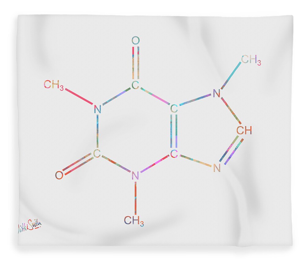 Caffeine Fleece Blanket featuring the digital art Colorful Caffeine Molecular Structure by Nikki Marie Smith