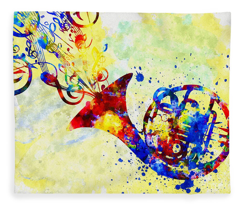 Color Fusion Fleece Blanket featuring the mixed media Colorful French Horn by Olga Hamilton