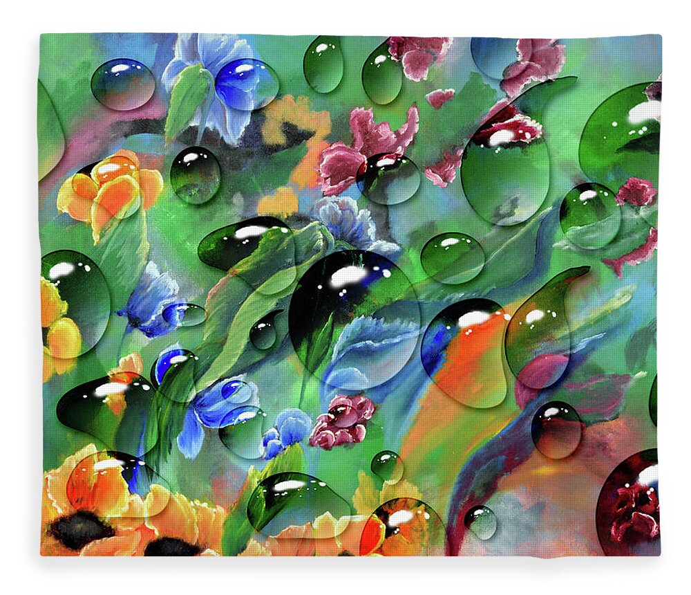 Mixed Media Bubbles Flowers Painting Drops Colorful Art Fleece Blanket featuring the mixed media Colorful Joy by Medea Ioseliani