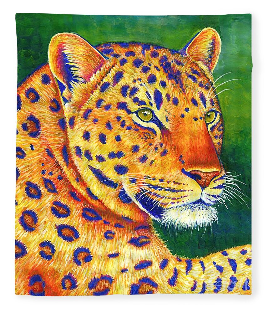 Leopard Fleece Blanket featuring the painting Queen of the Jungle - Colorful Leopard by Rebecca Wang