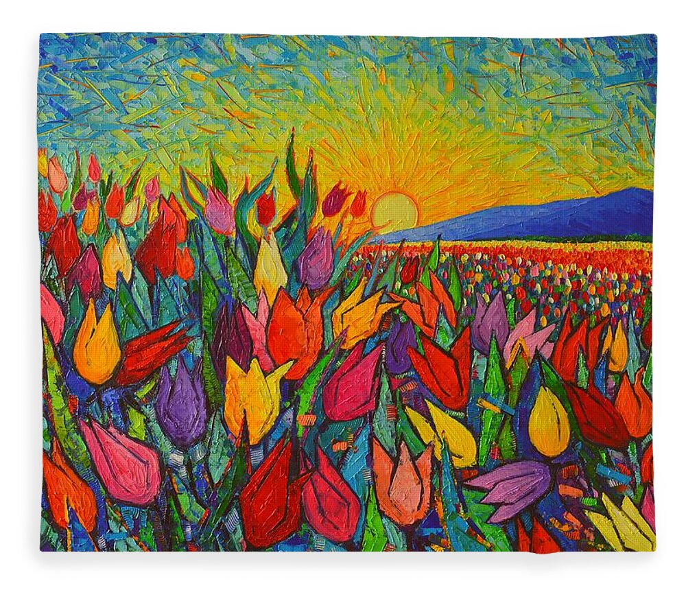 Tulip Fleece Blanket featuring the painting Colorful Tulips Field Sunrise - Abstract Impressionist Palette Knife Painting By Ana Maria Edulescu by Ana Maria Edulescu