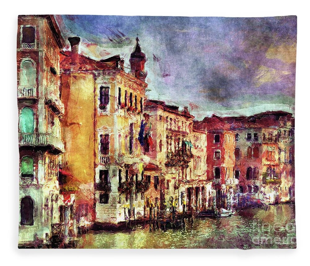 Venice Fleece Blanket featuring the digital art Colorful Venice Canal by Phil Perkins
