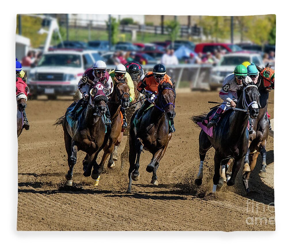 Belterra Horse Park Racing Fleece Blanket featuring the photograph Coming Around The Turn by Ed Taylor