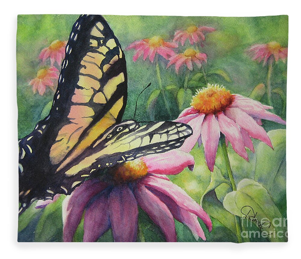 Nancy Charbeneau Fleece Blanket featuring the painting Coneflower Visitor by Nancy Charbeneau
