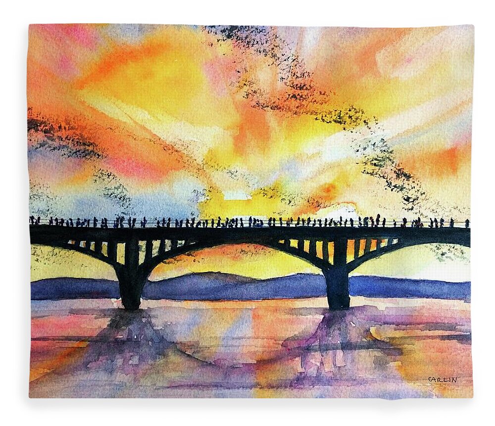 Austin Texas Fleece Blanket featuring the painting Congress Bridge Bats Austin Texas by Carlin Blahnik CarlinArtWatercolor