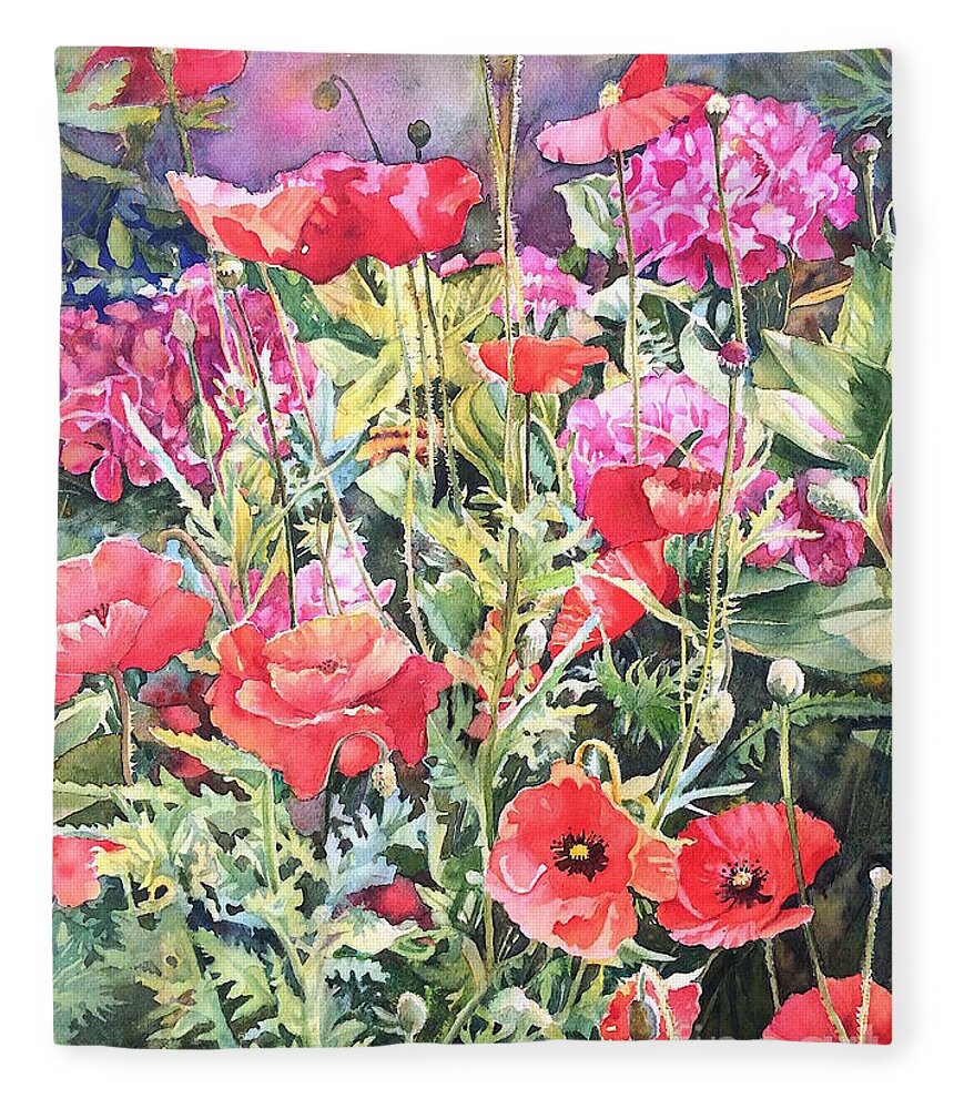 Coquelicot Fleece Blanket featuring the painting Coquelicots et Hortensias by Francoise Chauray