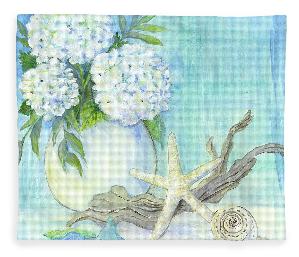 White Hydrangeas Fleece Blanket featuring the painting Cottage at the Shore 1 White Hydrangea Bouquet w Driftwood Starfish Sea Glass and Seashell by Audrey Jeanne Roberts
