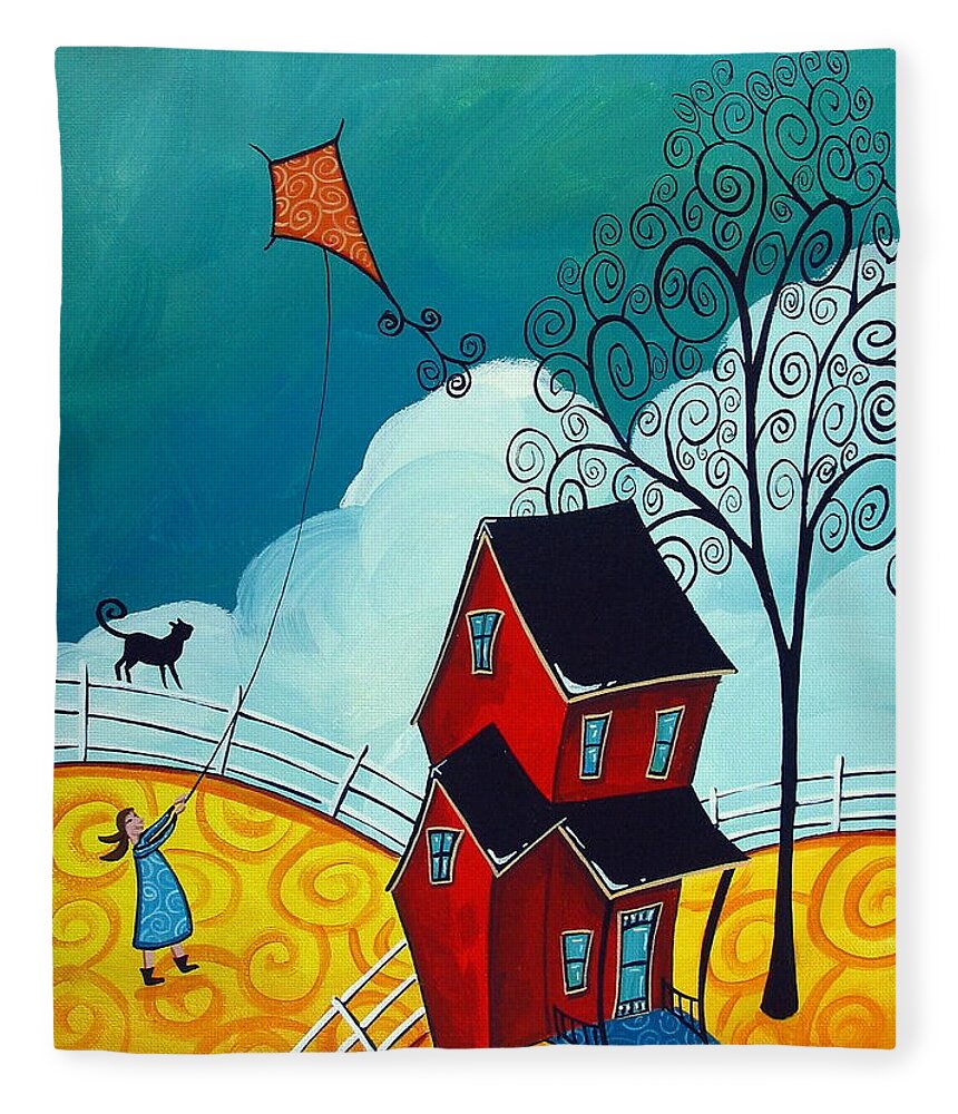 Art Fleece Blanket featuring the painting Country Girl - whimsical landscape cat by Debbie Criswell