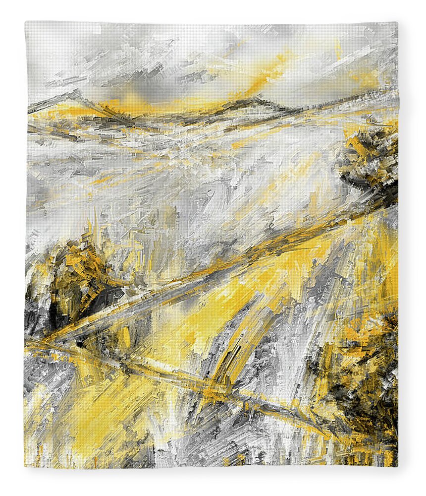 Yellow Fleece Blanket featuring the painting Country Glow - Yellow And Gray Modern Artwork Paintings by Lourry Legarde