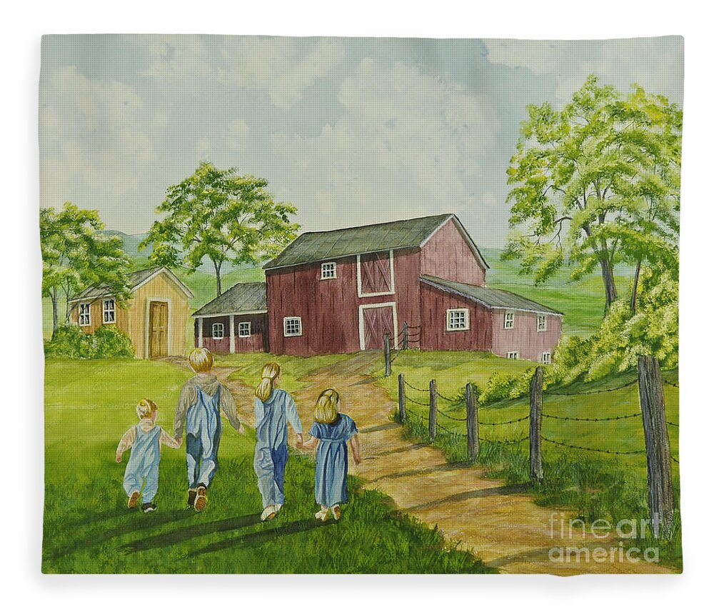 Country Kids Art Fleece Blanket featuring the painting Country Kids by Charlotte Blanchard
