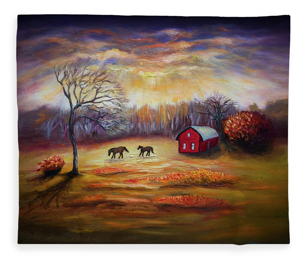 Country Scene Fleece Blanket featuring the painting Country scene late fall by Lilia S