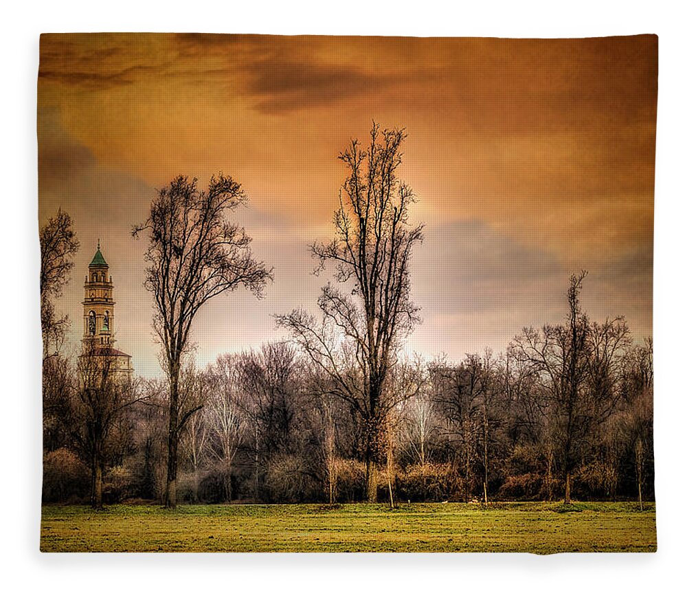 Color Efex Pro Fleece Blanket featuring the photograph Countryscape with bell tower by Roberto Pagani