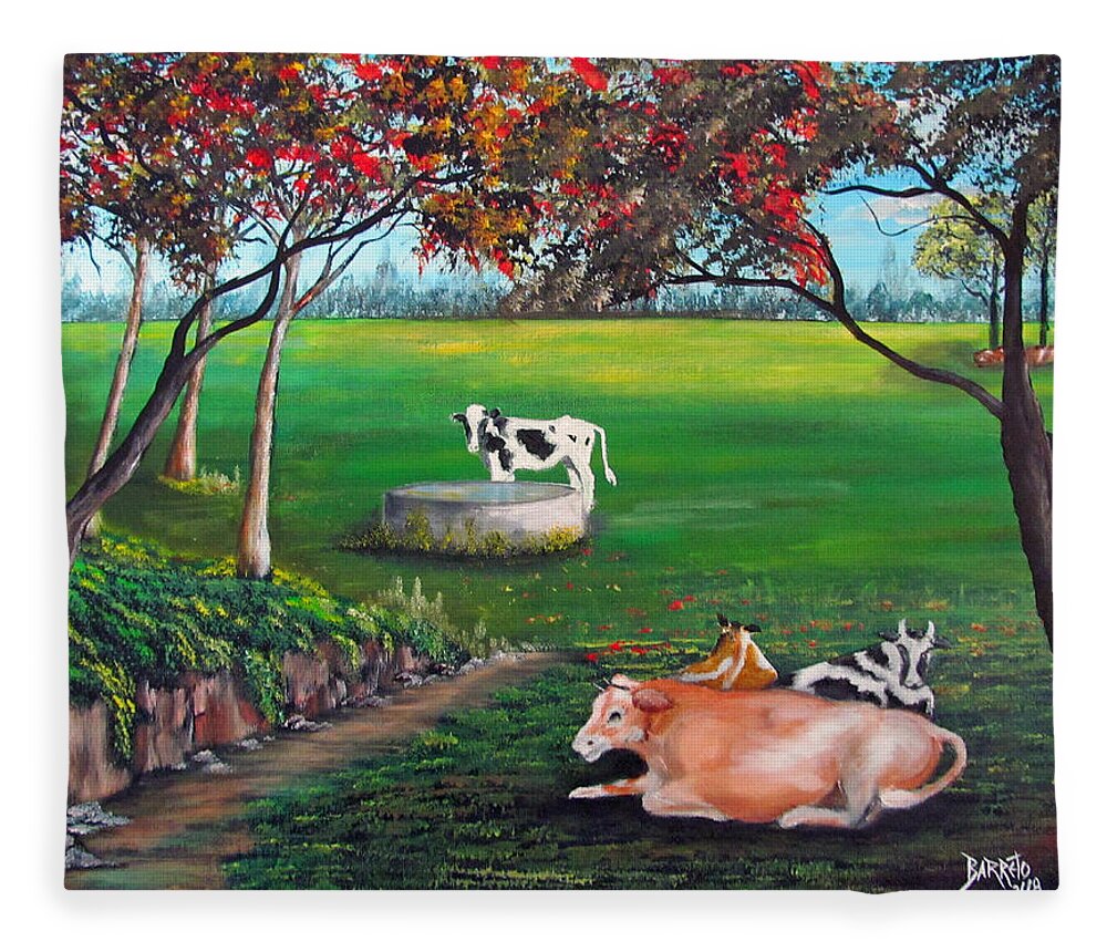 Cows Fleece Blanket featuring the painting Cow Tales by Gloria E Barreto-Rodriguez