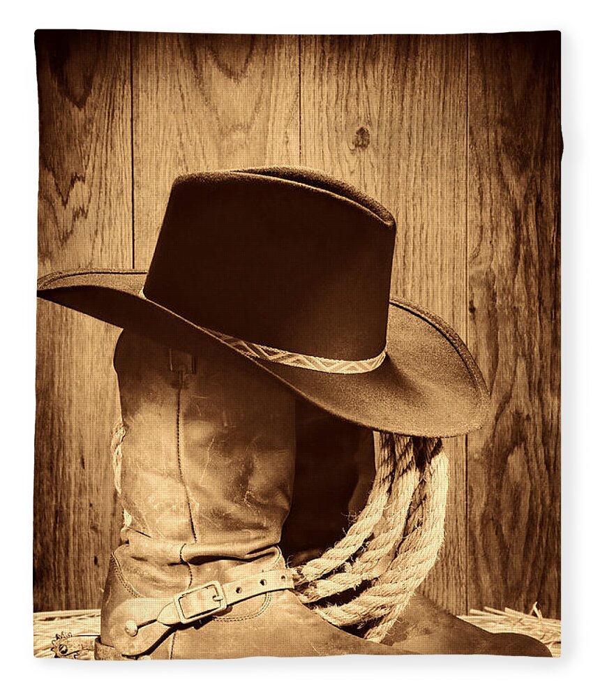 Antique Fleece Blanket featuring the photograph Cowboy Hat on Boots by American West Legend By Olivier Le Queinec