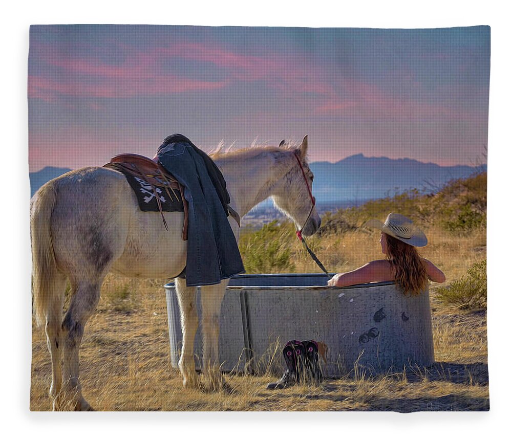 Spa Fleece Blanket featuring the painting Cowgirl Spa 7op by Walter Herrit