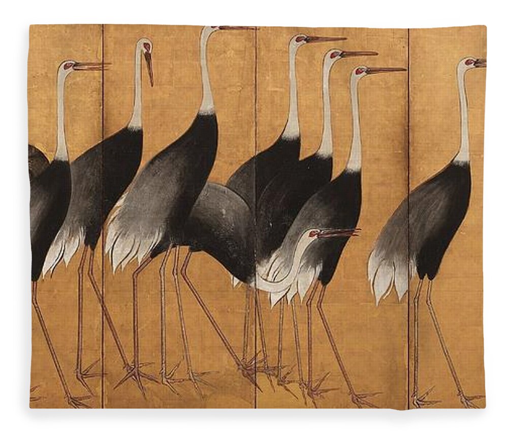 Ogata Korin Fleece Blanket featuring the painting Cranes by Ogata Korin