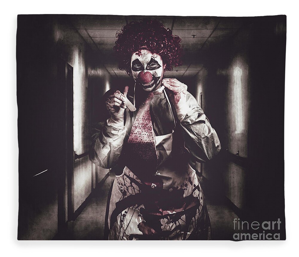 Hospital Fleece Blanket featuring the photograph Creepy medical clown in grunge hospital hallway by Jorgo Photography