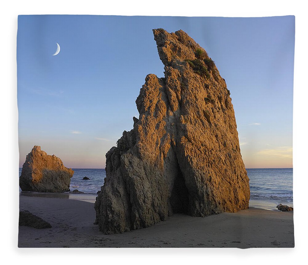 00175220 Fleece Blanket featuring the photograph Crescent Moon Over El Matador Beach by Tim Fitzharris
