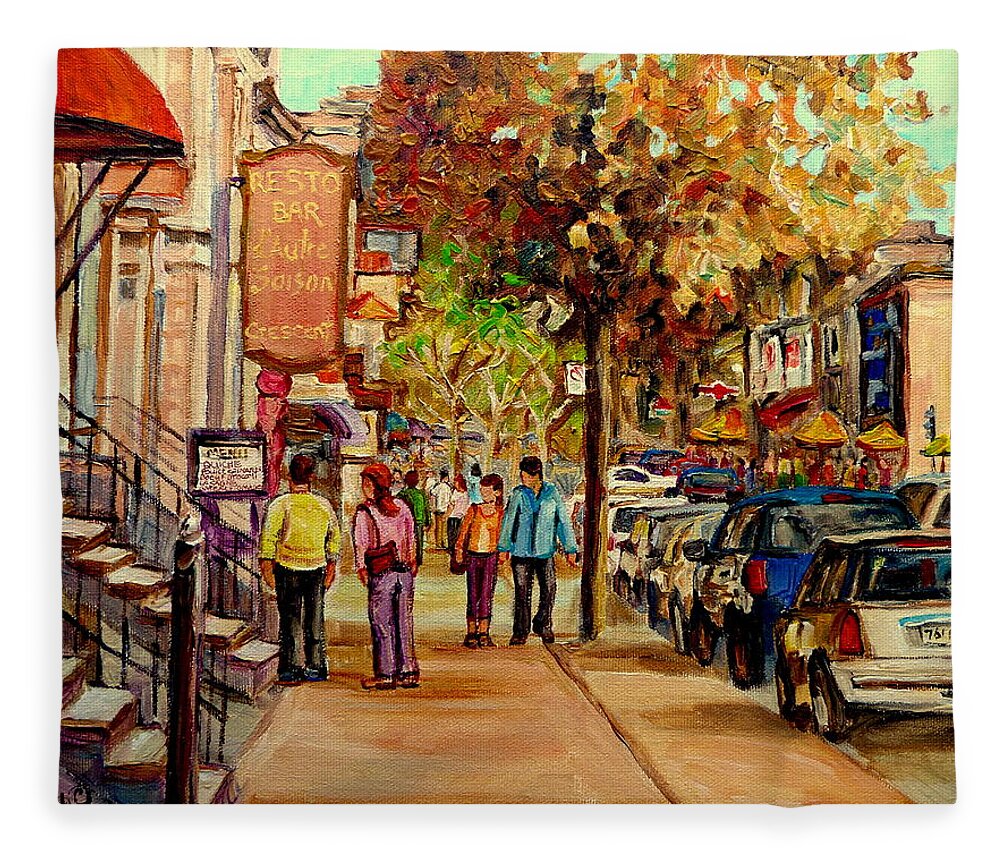 Montreal Streetscenes Fleece Blanket featuring the painting Crescent Street Montreal by Carole Spandau