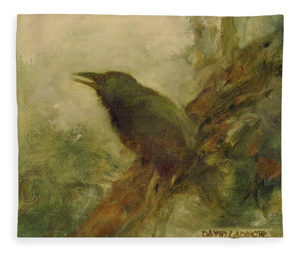 Crow Fleece Blanket featuring the painting Crow 14 by David Ladmore