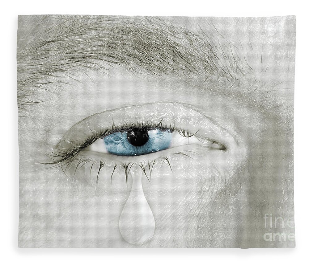 Black And White Fleece Blanket featuring the pyrography Crying blue right eye by Benny Marty