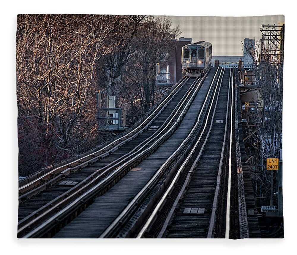  Fleece Blanket featuring the photograph CTA train approaching Damen Avenue Station Chicago Illinois by Jim Pearson