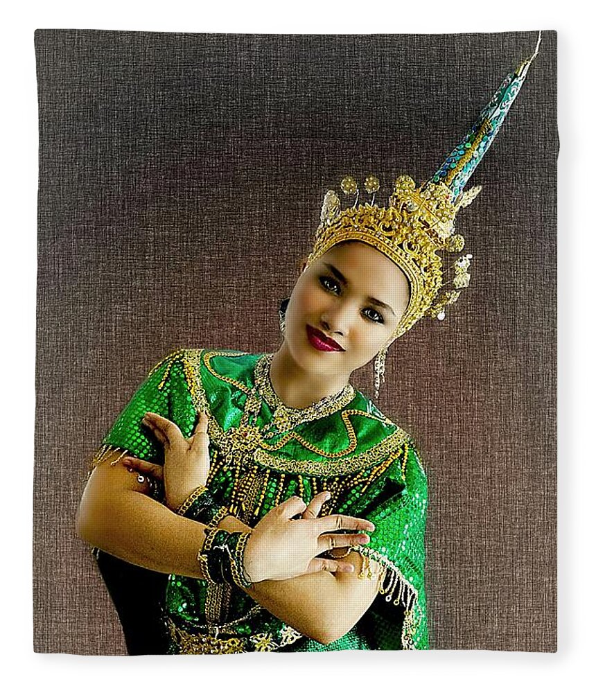 Thailand Fleece Blanket featuring the digital art Cultural Siam Dancing Girl by Ian Gledhill