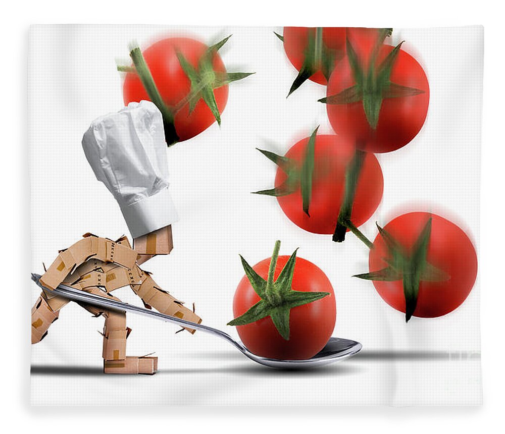 Kitchen Fleece Blanket featuring the digital art Cute chef box character catching tomatoes by Simon Bratt