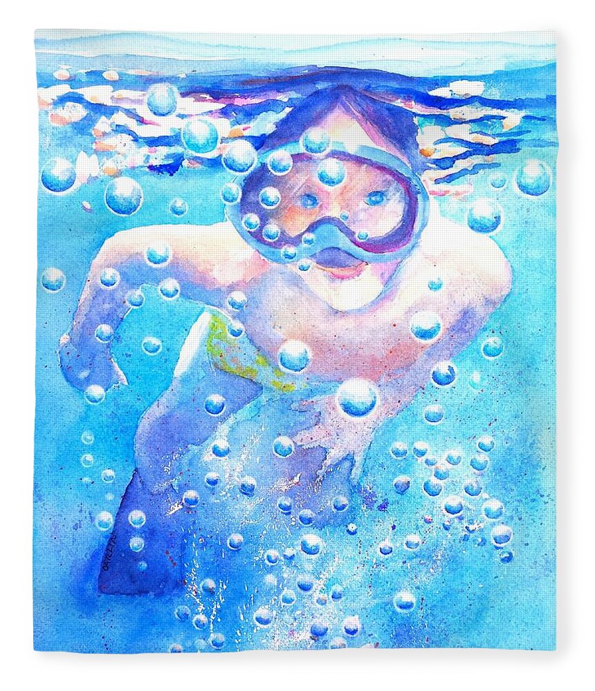 Swimming Fleece Blanket featuring the painting Cute Child Snorkeling Underwater by Carlin Blahnik CarlinArtWatercolor